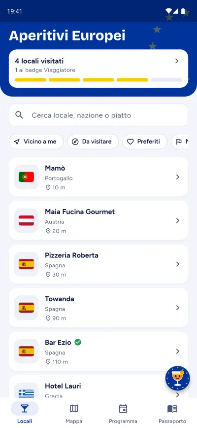 La home dell'app con l'elenco dei locali