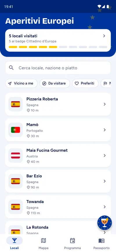 La home dell'app con l'elenco dei locali