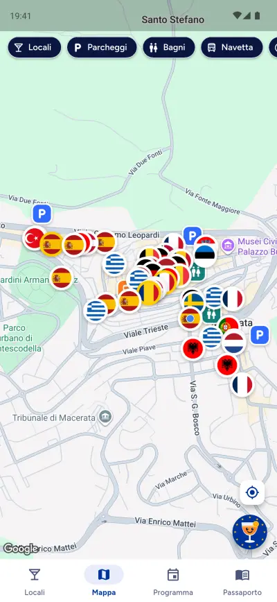 Mappa del centro di Macerata con locali, parcheggi, bagni e navetta