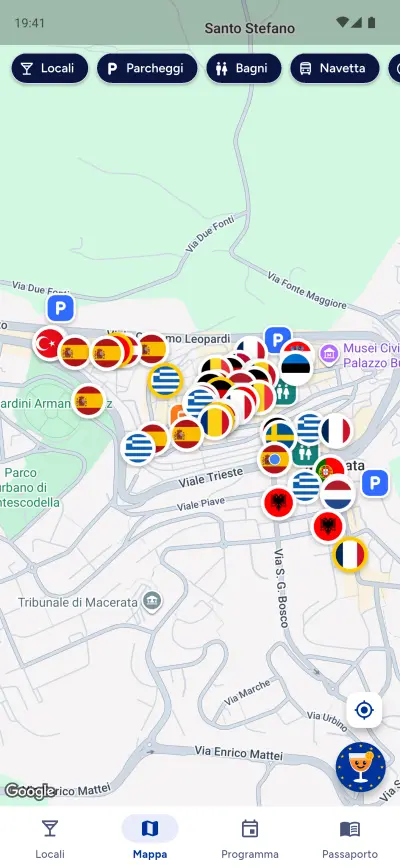 Mappa del centro di Macerata con locali, parcheggi, bagni e navetta