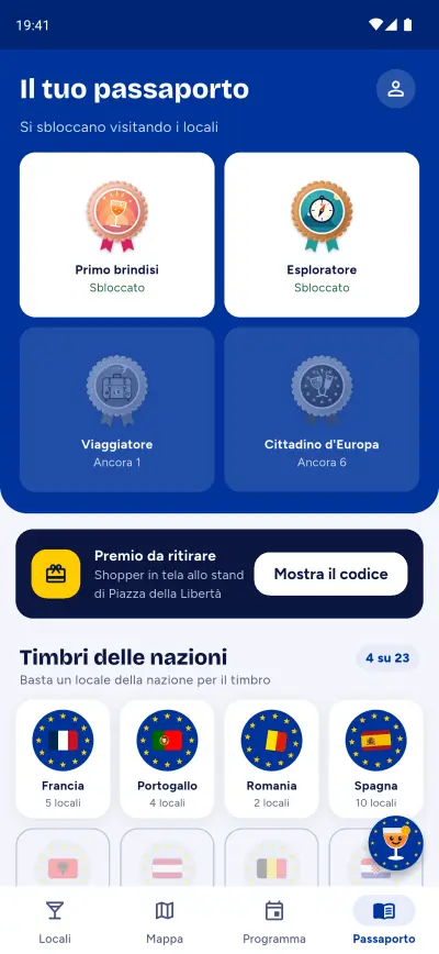 Il passaporto europeo con badge e timbri delle nazioni