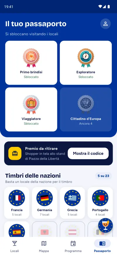 Il passaporto europeo con badge e timbri delle nazioni
