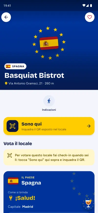 Scheda di un locale con indicazioni e tasto Sono qui