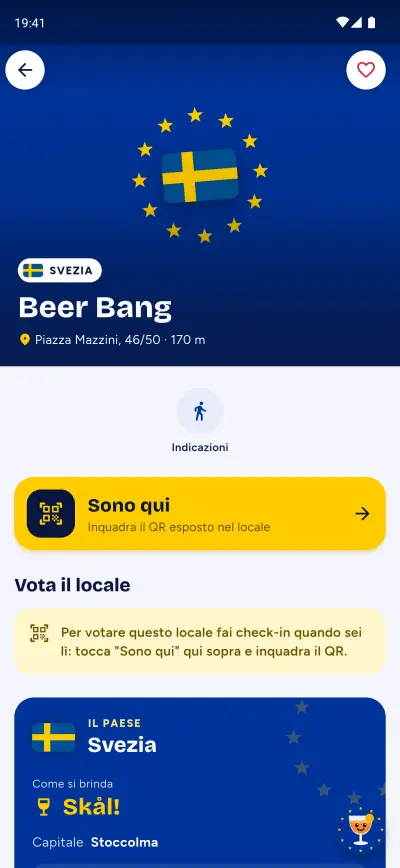 Scheda di un locale con indicazioni e tasto Sono qui